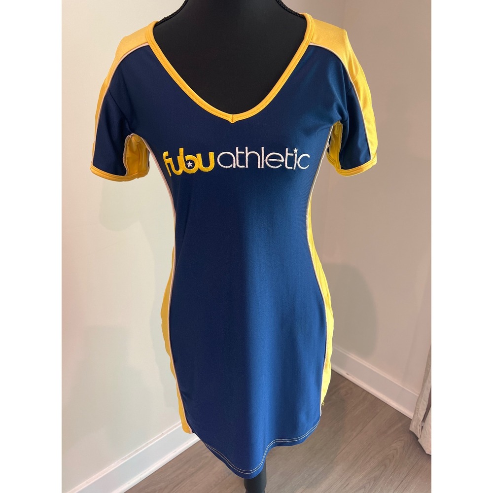 Vintage Y2K FUBU Athletic Jersey Mini Dress‎ Navy Yellow 90s Streetwear Medium